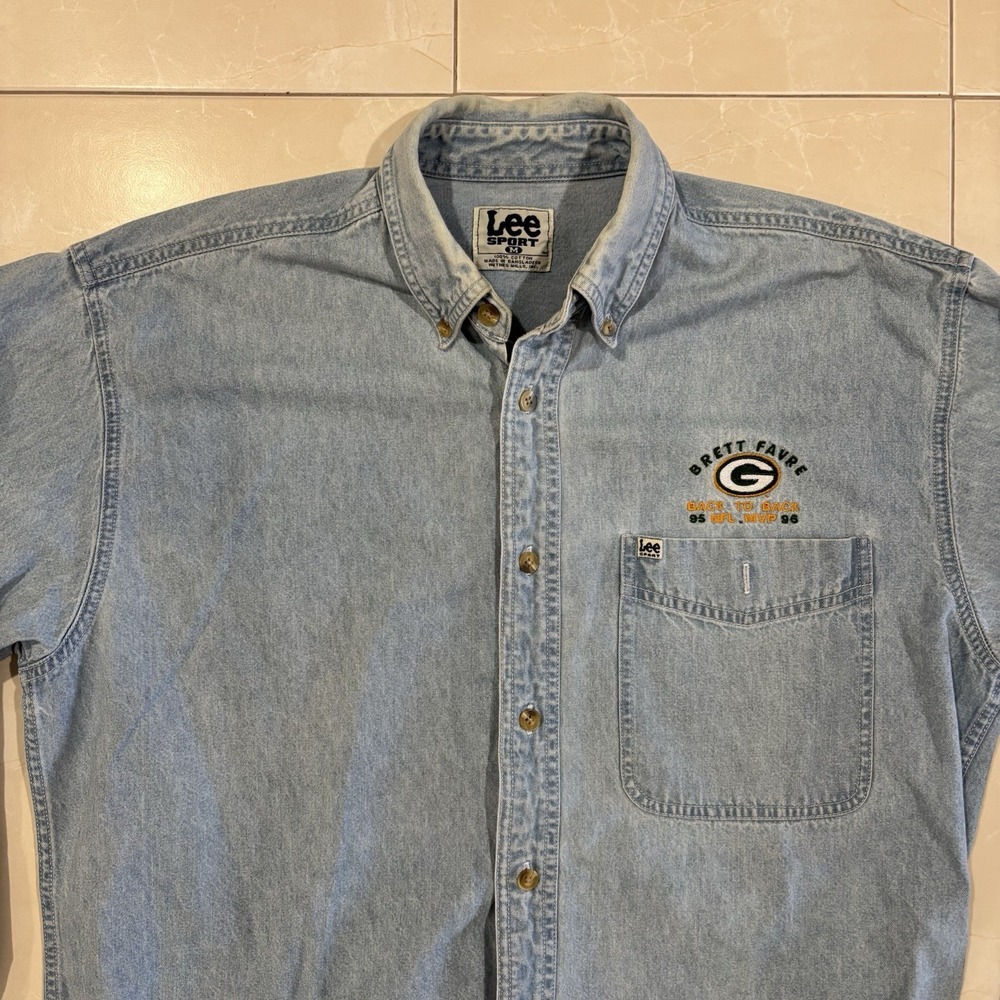 Vintage Lee Denim Button Shirt Green Bay Packers Brett Favre 90s Men M Football